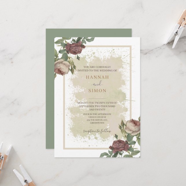 Convites Casamento Dourado Rustic Floral Minimalista Burgun (Frente/Verso In Situ)