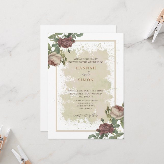 Convites Casamento Dourado Rustic Floral Minimalista Burgun (Frente/Verso In Situ)