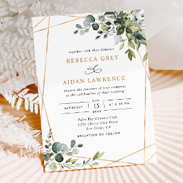 Convites Casamento Dourado Rustic Watercolor Eucalyptus Gre