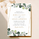 Convites Casamento Dourado Simples Eucalyptus Greenery<br><div class="desc">Esta elegante coleção apresenta as folhas de cor aquosa eucalipto verde pareadas com uma letra serif clássica a preto,  com um monograma no verso. Itens correspondentes disponíveis.</div>