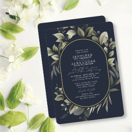 Convites Casamento Dourado Simples Eucalyptus Marinho Escur