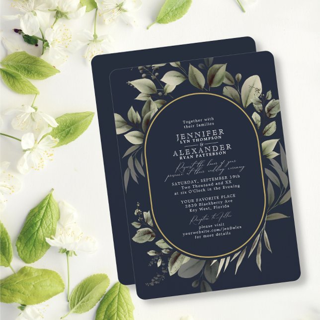 Convites Casamento Dourado Simples Eucalyptus Marinho Escur (Criador carregado)