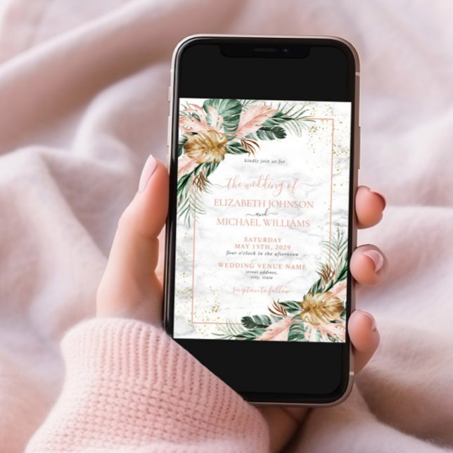 Convites Casamento Dourado Tropical Boho Chic Blush (Criador carregado)