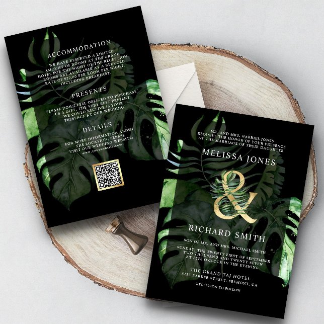 Convites Casamento Dourado Tropical Monstera Palm Black QR  (Criador carregado)