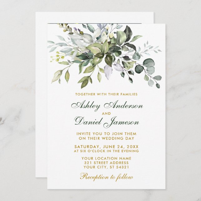 Convites Casamento Dourado Verde de Watercolor Greenery (Frente/Verso)