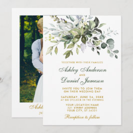 Convites Casamento Dourado Verde de Watercolor Greenery