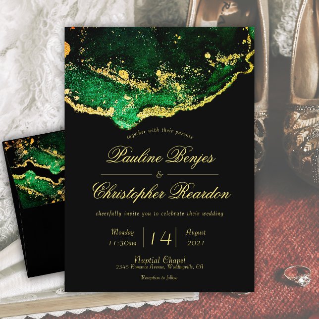 Convites Casamento Dourado Verde Elegante Jewel-Tone (Elegant Jewel-Tone Green Black Gold Wedding Invitation)
