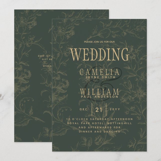 Convites Casamento Dourado Verde OLIVADO BOTÂNICO Moderno (Frente/Verso)
