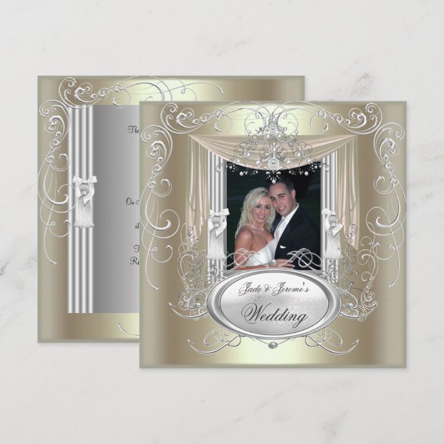 Convites Casamento Dourado Verde Prata Ornado Elegante 2 (Frente/Verso)