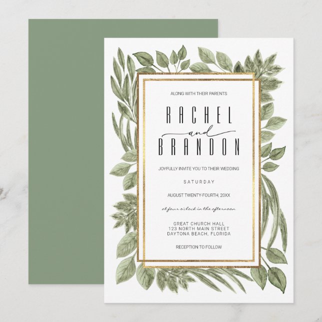 Convites Casamento Dourado Verde Verde Sage com Aquarela (Frente/Verso)