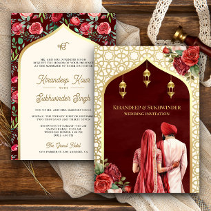 Convites Casamento Dourado Vermelho com Floral Anand Karaj