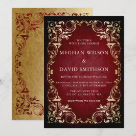 Convites Casamento Dourado Vermelho Ornamental Elegante Rus