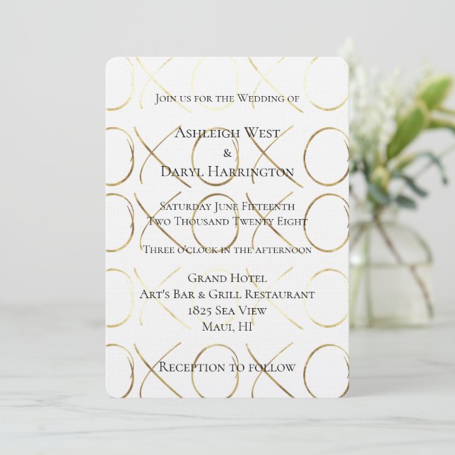 Convites Casamento Dourado XOXO Branco Chic (Em pé/Frente)