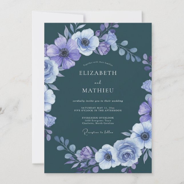 Convites Casamento Dramático de Inverno em Azul Teal Escuro (Frente)