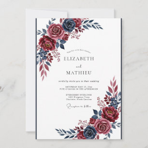 Convites Casamento Dramático de Inverno em Burgundy Navy