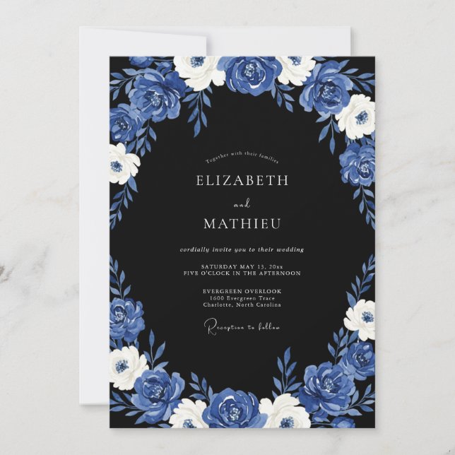 Convites Casamento Dramático de Noite Azul Real (Frente)