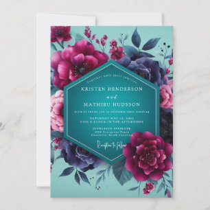 Convites Casamento Dramático Flor de Magenta Turquesa