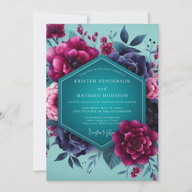 Convites Casamento Dramático Flor de Magenta Turquesa (Frente)