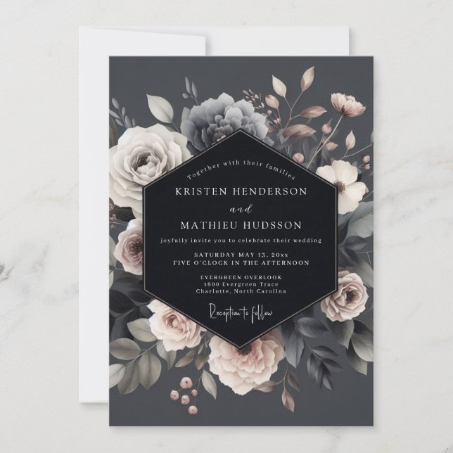 Convites Casamento Dramático Flora Slate (Frente)