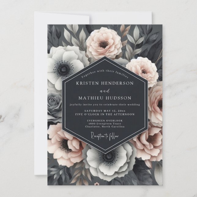 Convites Casamento Dramático Flora Slate Blush (Frente)