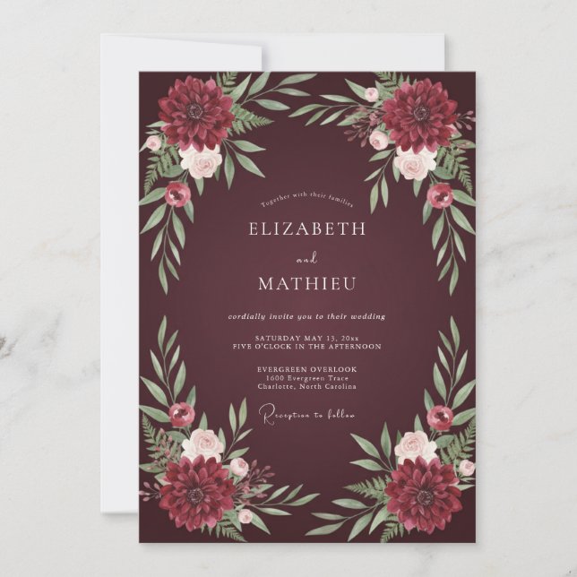 Convites Casamento Dramático Outonal de Bordô (Frente)
