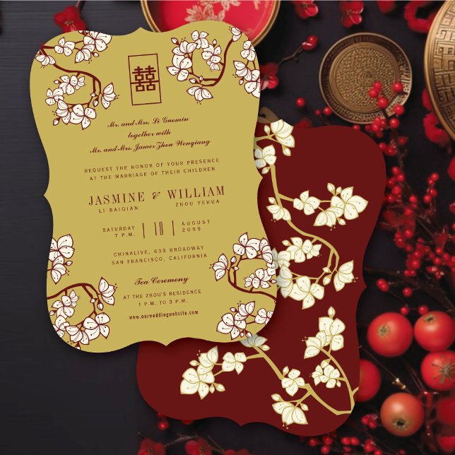 Convites Casamento Dupla Felicidade com Flores de Pêssego/A (Cream Peach/Plum Blossoms Double Happiness Elegant Chinese Wedding Invitation @ fatfatin_red_knot)