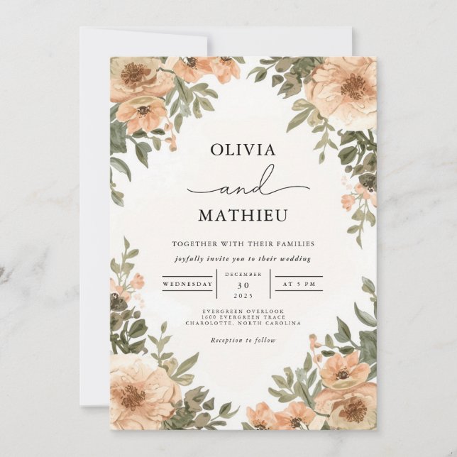Convites Casamento Dusky Peach Arch Botânico (Frente)