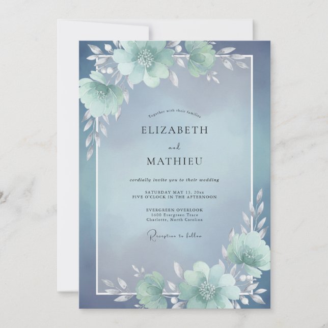 Convites Casamento Dusty Aqua Bloom (Frente)