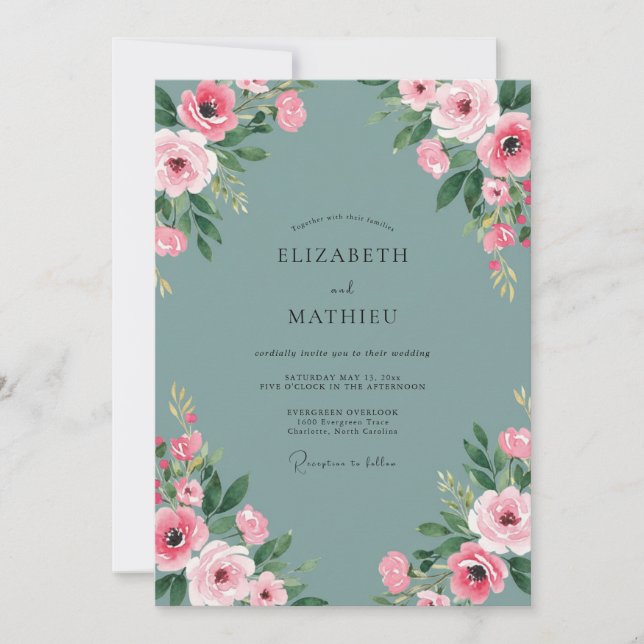Convites Casamento Dusty Aqua Peony (Frente)