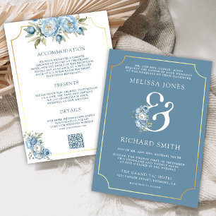 Convites Casamento Dusty Blue Floral Ampersand Tudo em Um