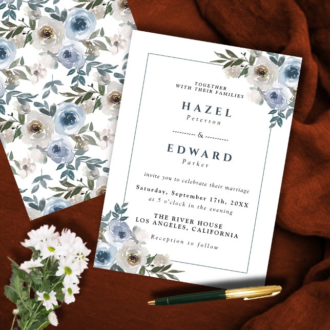 Convites Casamento Dusty Blue Floral Watercolor (Dusty Blue Floral Watercolor Wedding Invitation)