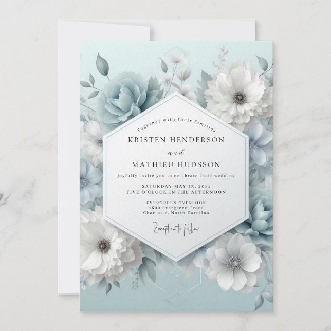 Convites Casamento Dusty Blue Frosted Flora (Frente)