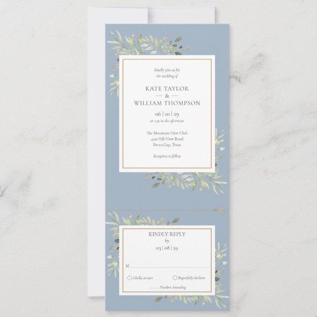 Convites Casamento Dusty Blue Greenery Leaves All In One (Frente)