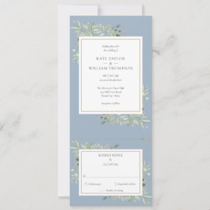 Convites Casamento Dusty Blue Greenery Leaves All In One