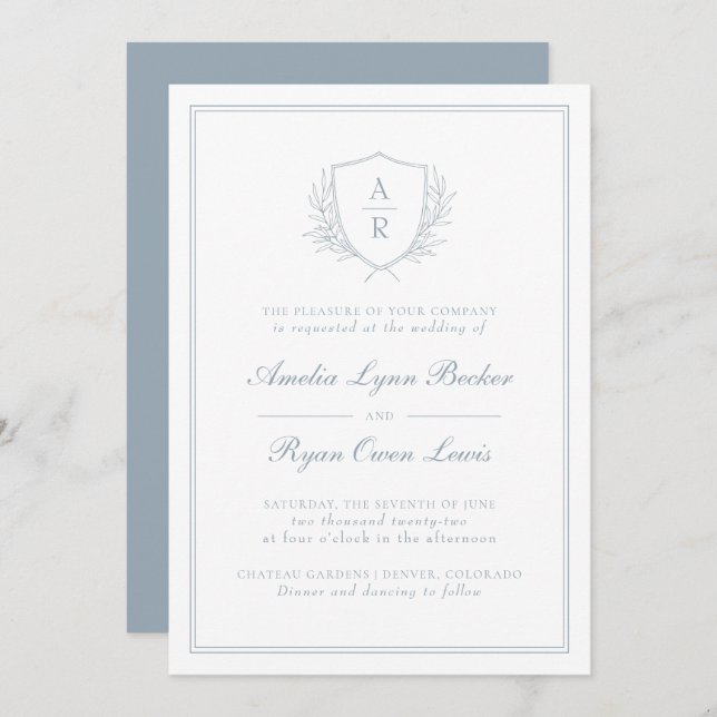 Convites Casamento Dusty Blue Monogrammed (Frente/Verso)