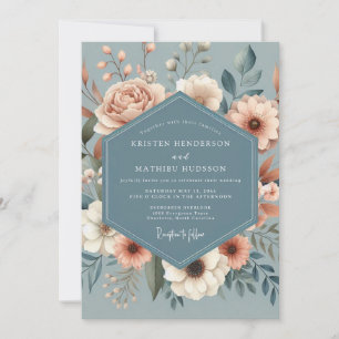 Convites Casamento Dusty Blue Peach Flora