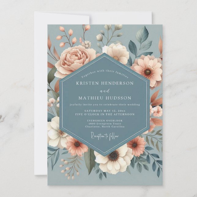 Convites Casamento Dusty Blue Peach Flora (Frente)