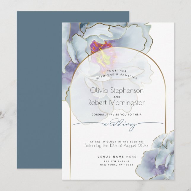 Convites CASAMENTO | Dusty Blue Tropical Peony (Frente/Verso)