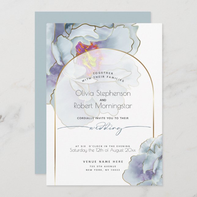 Convites CASAMENTO | Dusty Blue Tropical Peony (Frente/Verso)