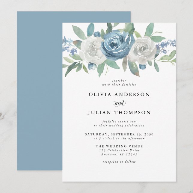 Convites Casamento Dusty Blue & White Floral Watercolor (Frente/Verso)