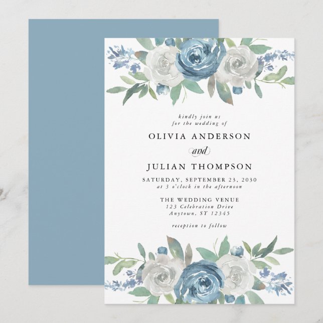 Convites Casamento Dusty Blue & White Floral Watercolor (Frente/Verso)