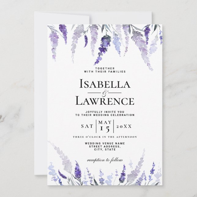 Convites Casamento Dusty Purple Floral Lavanda Watercolor (Frente)