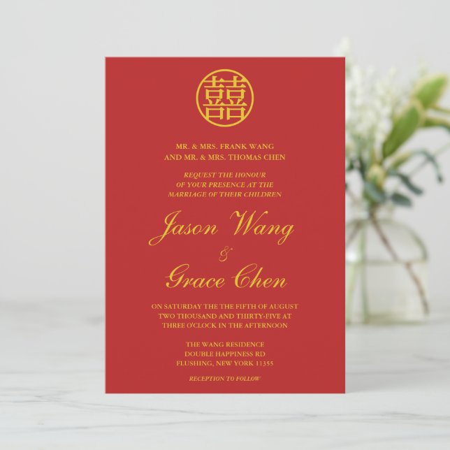 Convites Casamento E Recepção Chineses Vermelho E Dourado (Em pé/Frente)