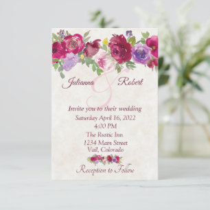 Convites Casamento econômico com flores em burgundy e roxo