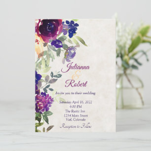 Convites Casamento econômico com flores rosa e roxas