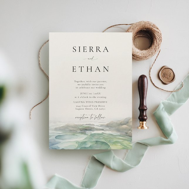 Convites Casamento Ecru Elegante Ecru Piscina  de Costeira  (coastal wedding invitation rocky beach tide pool sage green ecru elegant romantic)