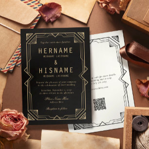 Convites Casamento Editável Elegante Preto Art Déco QR RSVP