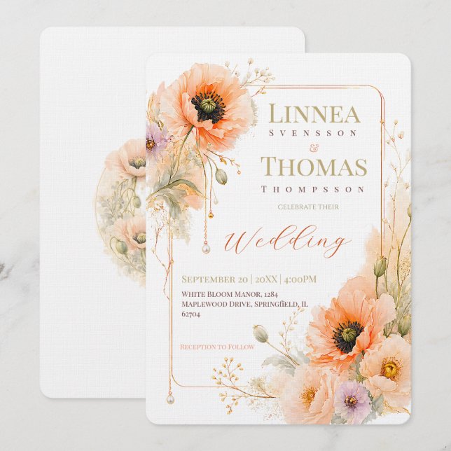 Convites Casamento Editorial Elegante Poppy Blush Suave (Frente/Verso)