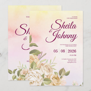 Convites Casamento Elegância Aquarela Amarela e Rosa