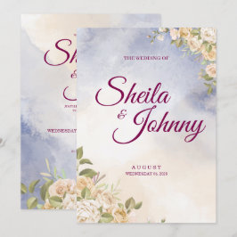 Convites Casamento Elegância Aquarela Flor Azul e Creme